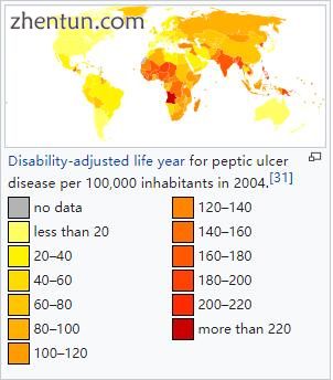 Disability-adjusted life year for peptic ulcer disease per 100,000 inhabitants in 2004.[31]