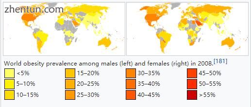 World obesity prevalence among males (left) and females (right) in 2008.[181].jpg