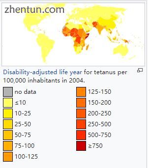 Disability-adjusted life year for tetanus per 100,000 inhabitants in 2004..jpg