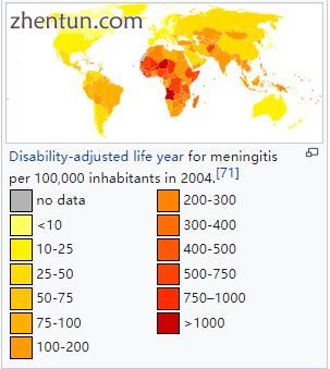 Disability-adjusted life year for meningitis per 100,000 inhabitants in 2004.[71].jpg