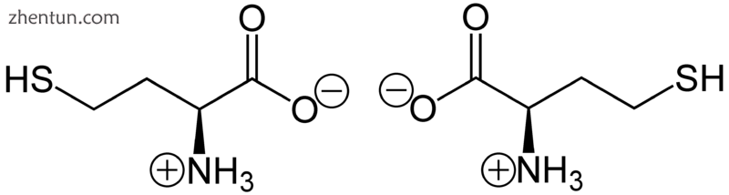 Zwitterionic form of (S)-homocysteine (left) and (R)-homocysteine (right).png