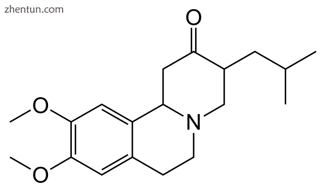 Chemical structure of tetrabenazine, an approved compound for the management of .png