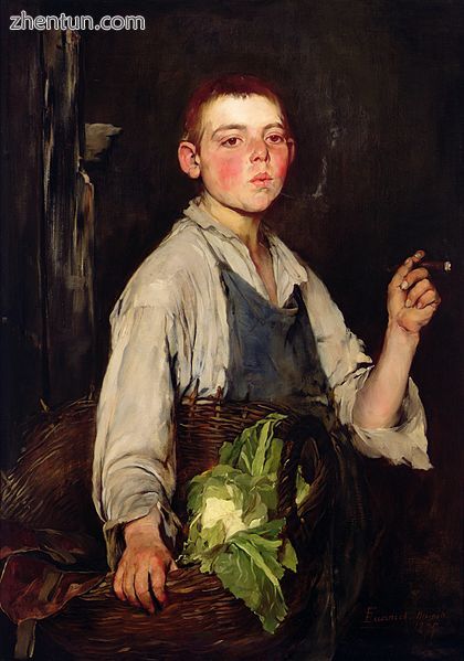 Painting of an apprentice cobbler, 1877. Despite his youthful appearance, he has.jpg
