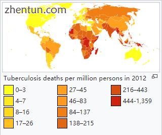 Tuberculosis deaths per million persons in 2012.jpg