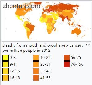 Deaths from mouth and oropharynx cancers per million people in 2012.jpg
