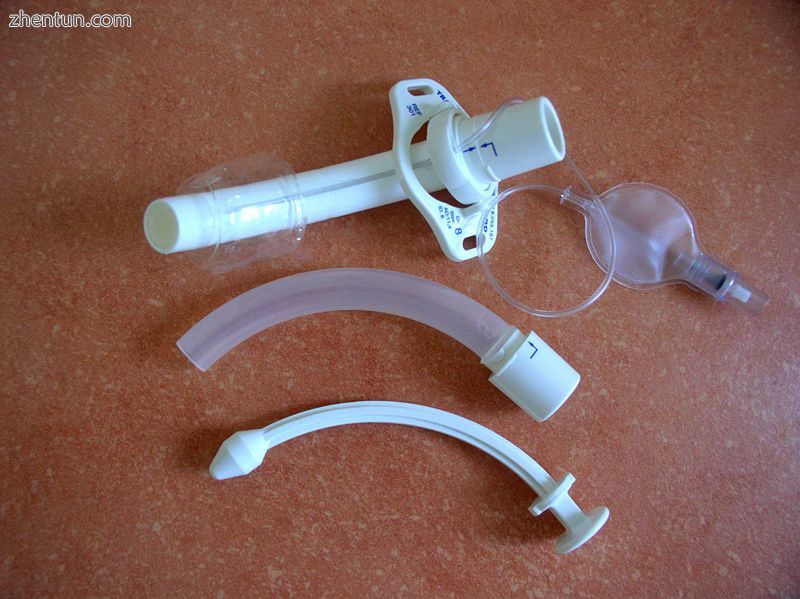 An outer cannula (top item) with inflatable cuff (top right), an inner cannula (.jpg