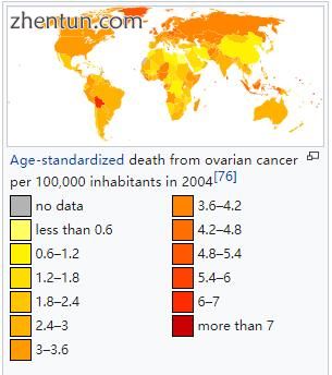 Age-standardized death from ovarian cancer per 100,000 inhabitants in 2004[76].jpg