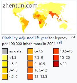 Disability-adjusted life year for leprosy per 100,000 inhabitants in 2004[79].jpg