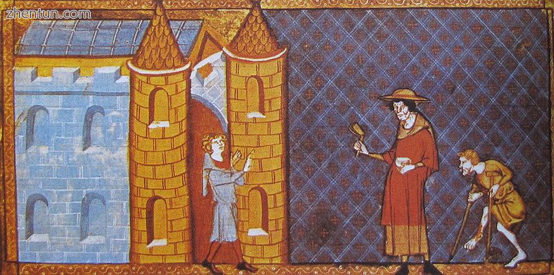 Two lepers denied entrance to town, 14th century.jpg
