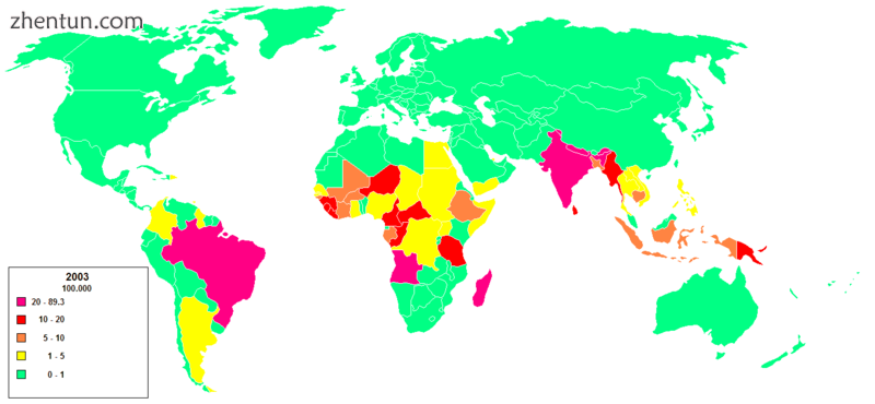 World distribution of leprosy, 2003.png