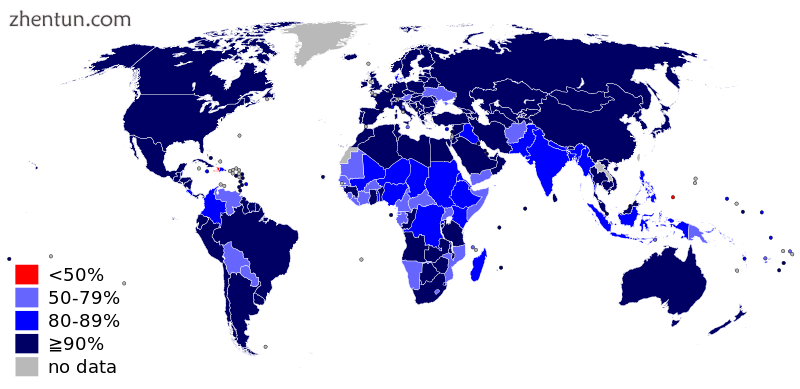 Rates of measles vaccination worldwide in 2010.png
