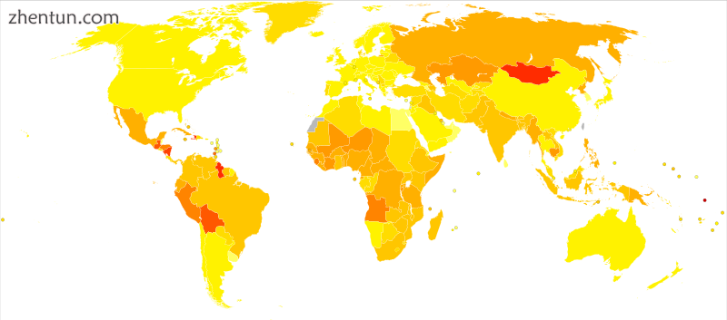 Disability-adjusted life year for appendicitis per 100,000 inhabitants in 2004.[81]