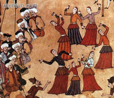 Köçeks dancing at the circumcision celebration of Sultan Ahmed III's sons (1720); miniatur ...