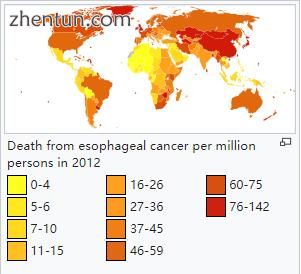 Death from esophageal cancer per million persons in 2012