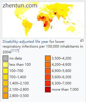 Disability-adjusted life year for lower respiratory infections per 100,000 inhabitants in 2004[117]