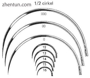 Eyed surgical needles which are semicircular, in different sizes.