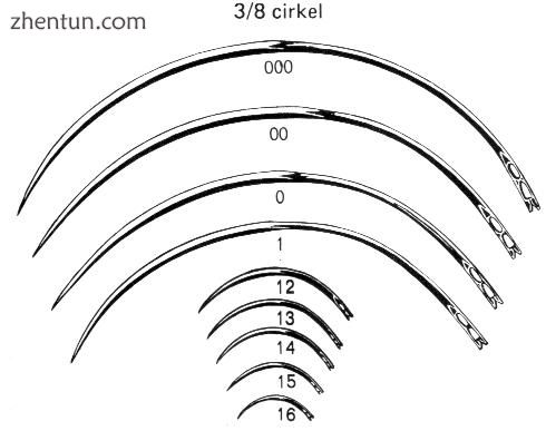 Eyed surgical needles which form 3/8th of a circle, in different sizes.