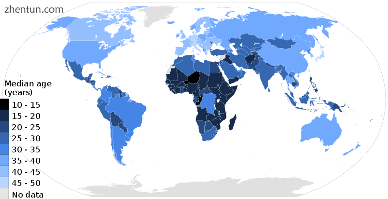 A map showing median age figures for 2015