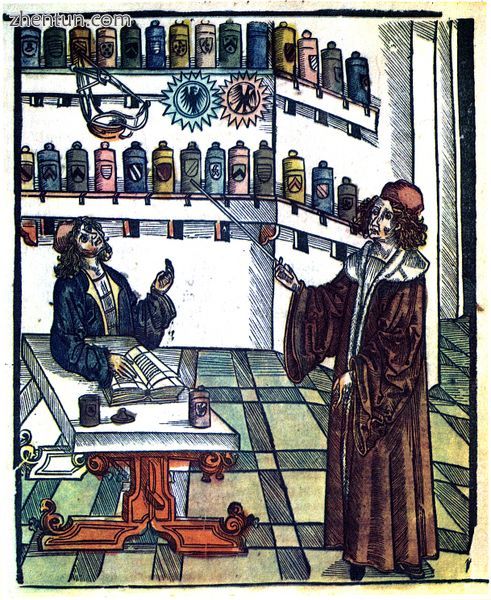 Doctor and pharmacist, illustration from Medicinarius (1505) by Hieronymus Brunschwig..jpg