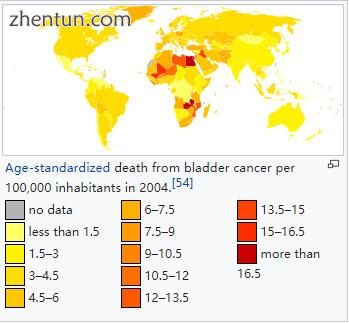 Age-standardized death from bladder cancer per 100,000 inhabitants in 2004.[54].jpg
