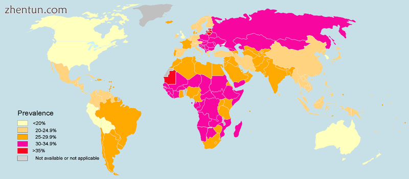 Map of the prevalence of hypertension in adult men in 2014.[135].png