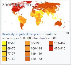 Disability-adjusted life year for multiple sclerosis per 100,000 inhabitants in 2012.jpg