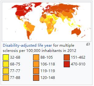 Disability-adjusted life year for multiple sclerosis per 100,000 inhabitants in 2012.jpg