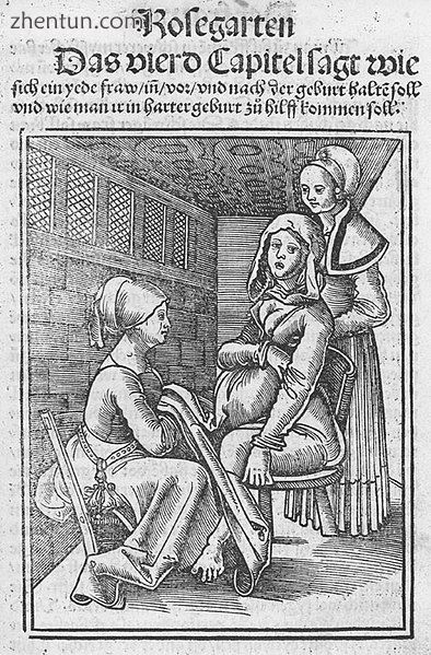Two midwives assisting a woman in labour on a birthing chair in the 16th century.jpg