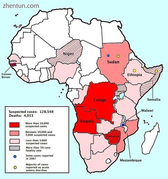 By 12 February 2009, the number of cases of infection by cholera in sub-Saharan .jpg