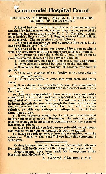 Coromandel Hospital Board (New Zealand) advice to influenza sufferers (1918).jpg