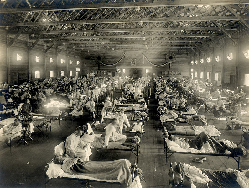 Soldiers from Fort Riley, Kansas, ill with Spanish flu at a hospital ward at Cam.jpg